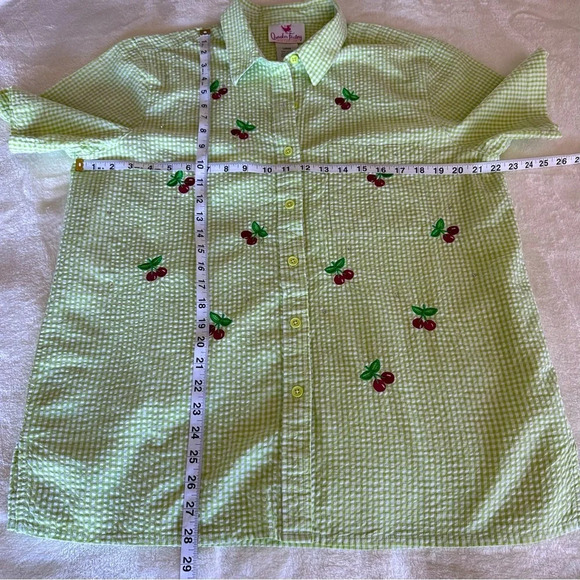 Quaker Factory Blouse Lime Green White Cherry Embroidered Gingham 90s Large - Picture 8 of 8